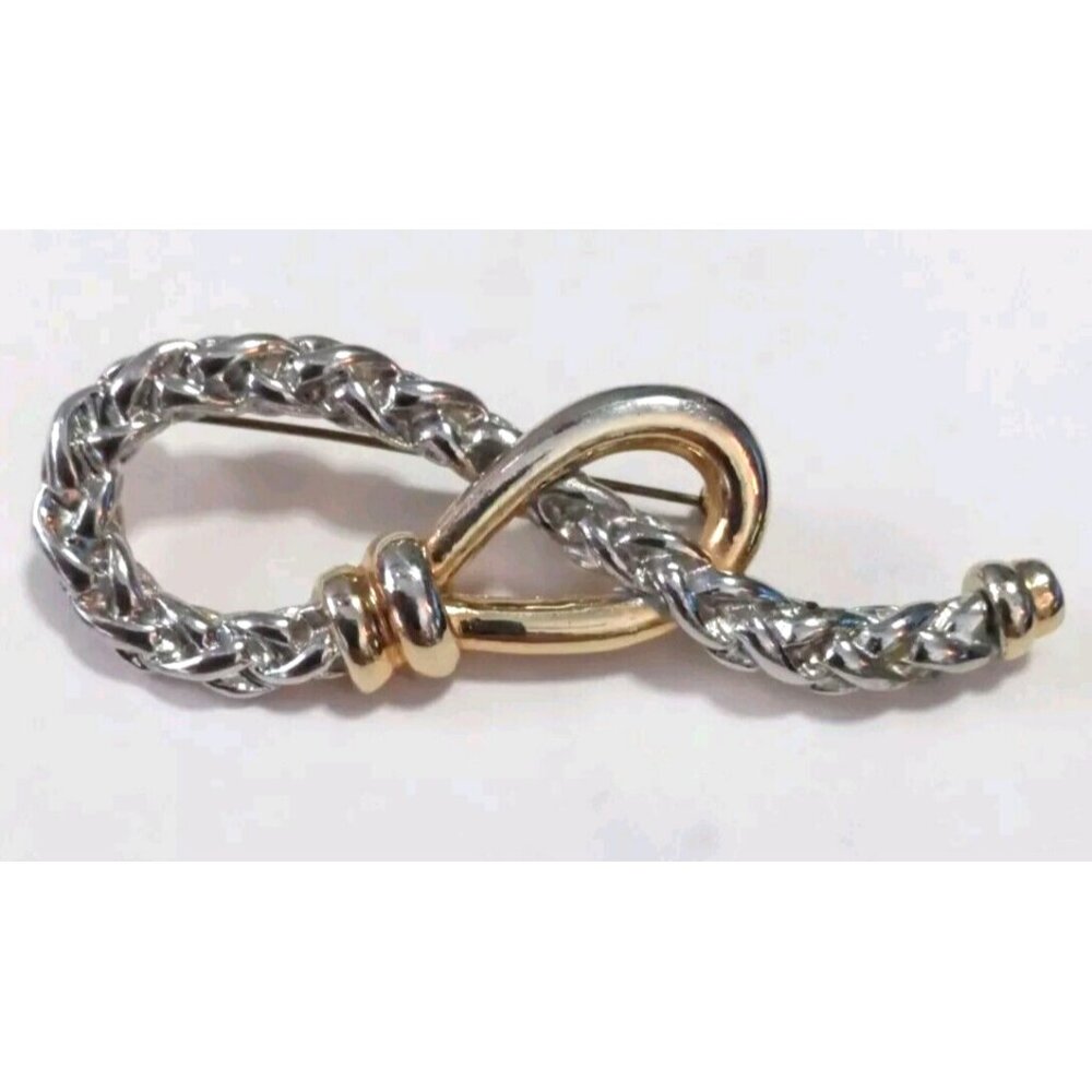 VINTAGE Gold Silver Two Tone Tied Knot Brooch Lasso Loop Braided Pretzel Western